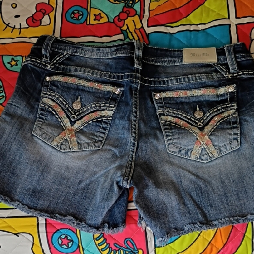 Miss Me Blue Denim Shorts with Colorful Embellishments